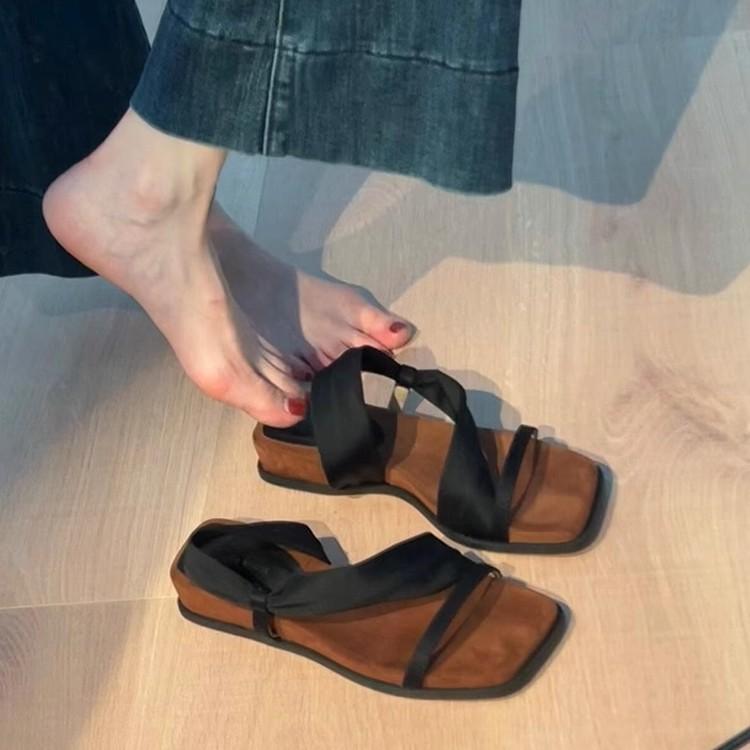 Sheepskin version~ Retro two wear one word with square head cool slippers women wear versatile thick-soled open-toed comfortable sandals summer