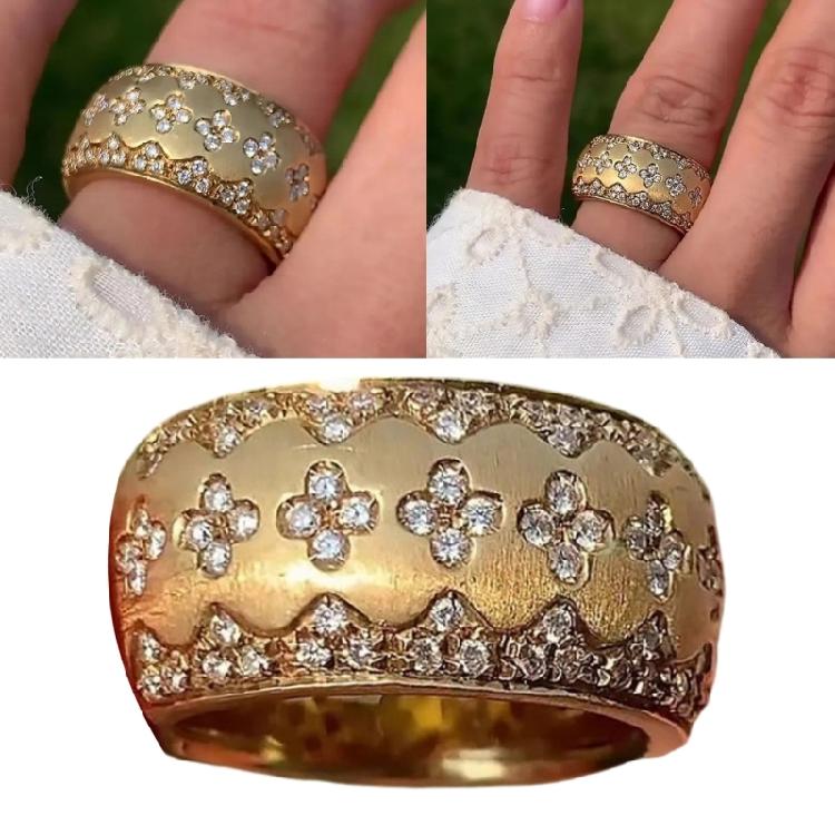 Lightweight Copper Clovers Ring With Crystal Zircon Embellished Gold Color Ring Jewelry For Daily Wear Or Formal Event