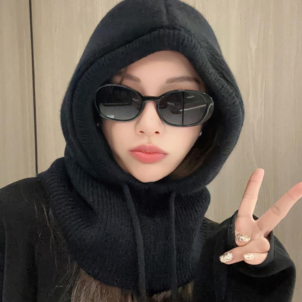 

Шапки-балаклавы Женские вязаные шапки с капюшоном Зимние в корейском стиле Уличные утеплители Шапки на шнурке Цельный воротник для шеи Шапки-бини чёрный