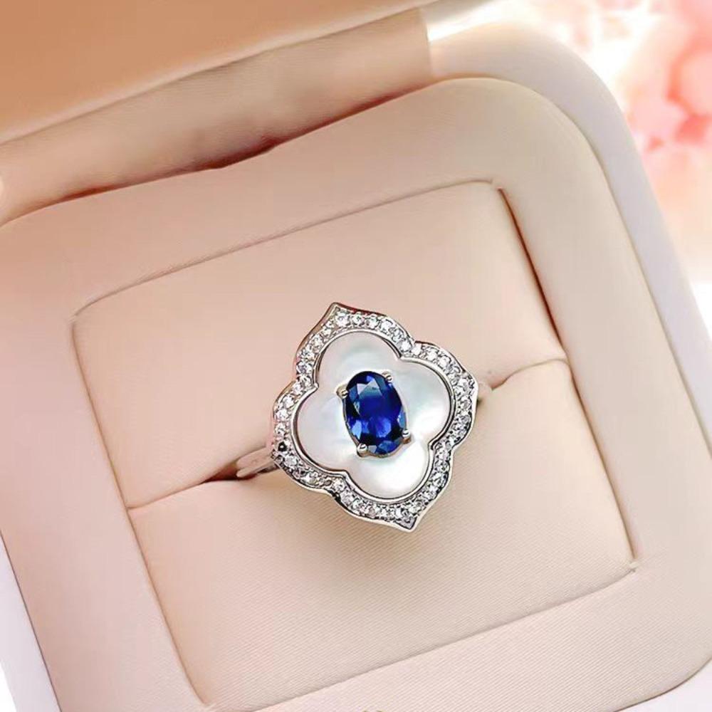 Luxury Women Jewelry Set Blue Spinel Earrings High Carbon Diamond Ring Clover Shell Pendant Necklace