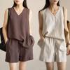 Summer Cotton Linen Casual Sleeveless Two-Piece Set Simple Top Shorts Fashion Design Comfortable Polyester Blend Women's Outfit