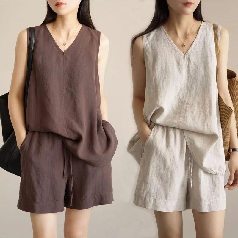 Summer Cotton Linen Casual Sleeveless Two-Piece Set Simple Top Shorts Fashion Design Comfortable Polyester Blend Women's Outfit