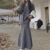 Retro soft waxy v-neck sweater set for women's autumn and winter new fishtail hip skirt knitted two-piece set for women