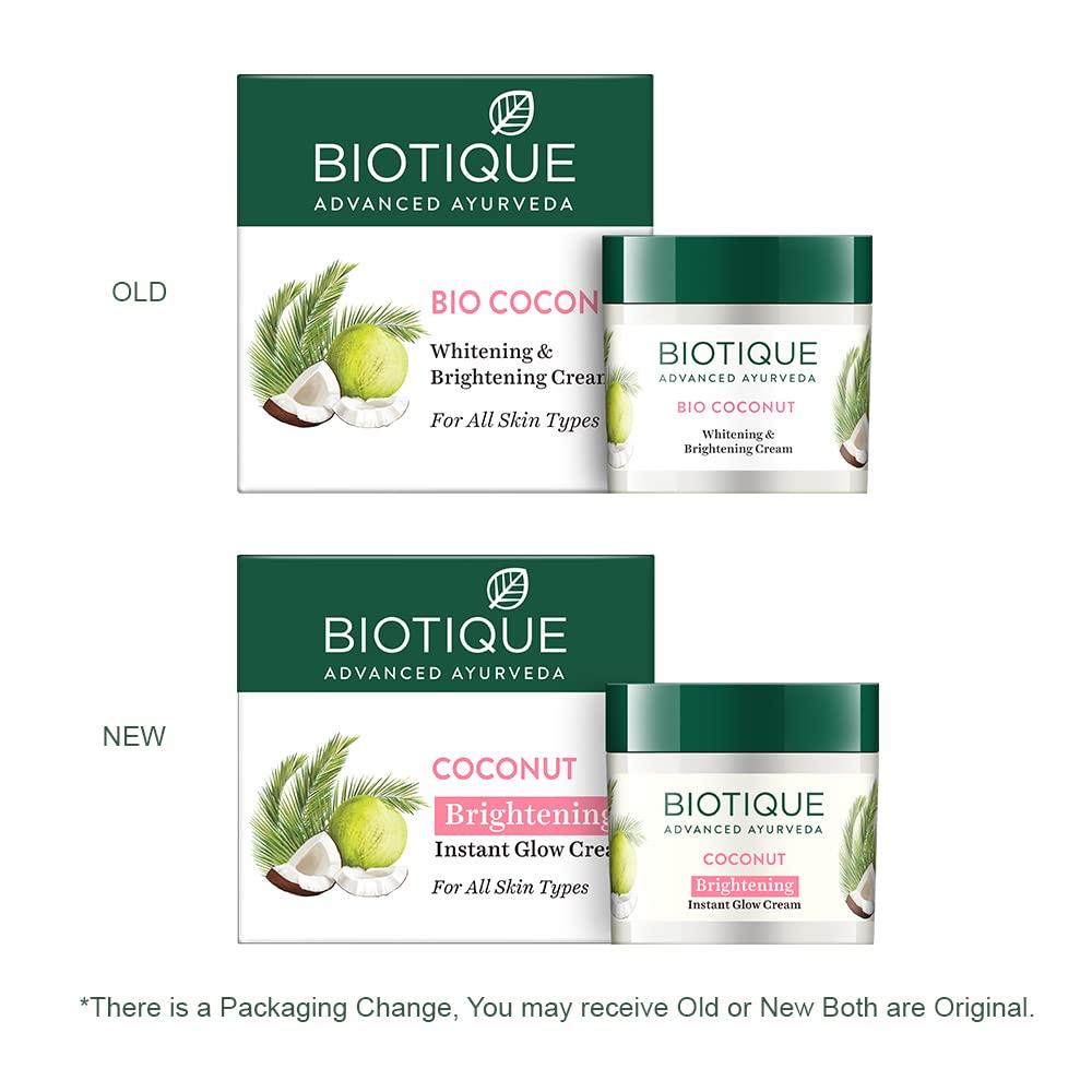 Biotique Coconut Brightening Glow Cream 50g | Natural Radiance Face Moisturizer | Lightweight Non-Greasy Formula | Dark Spot Reduction