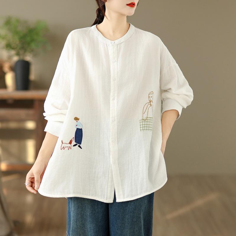 Women's 2025 Cotton Gauze Round Neck Long Sleeve Loose Embroidery Shirt