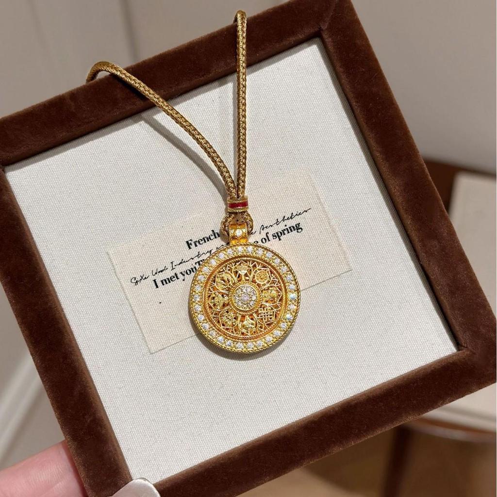 Vintage Chinese Eight Treasures Sand Gold Necklace for Women - Elegant, High-End Autumn/Winter Sweater Chain