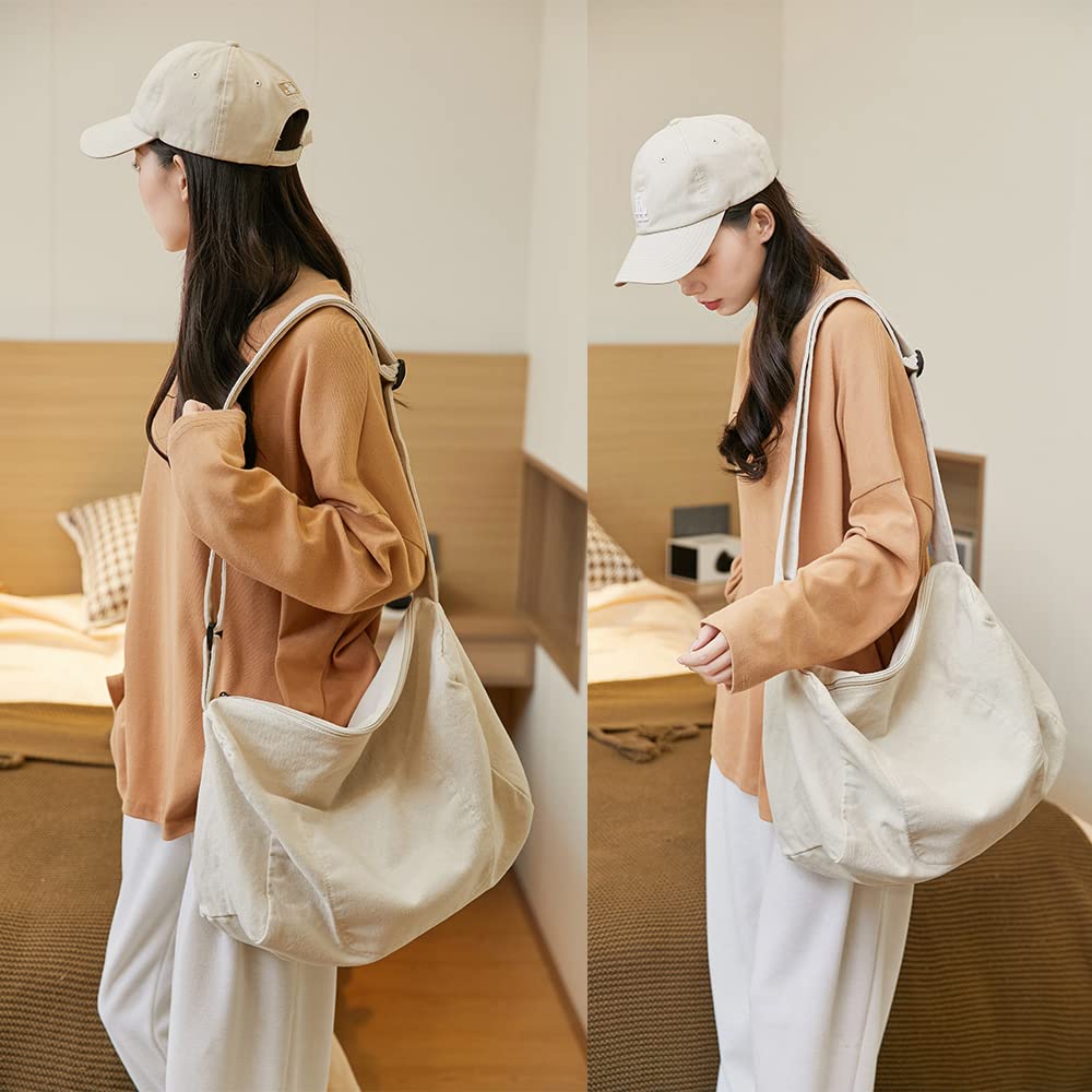 ARIALK Canvas-Tragetasche, Schultertasche mit großem Fassungsvermögen, Canvas-Tote, A4-Format, Canvas-Tragetasche für Herren und Damen, Unifarben, Mit Reißverschluss (beige)