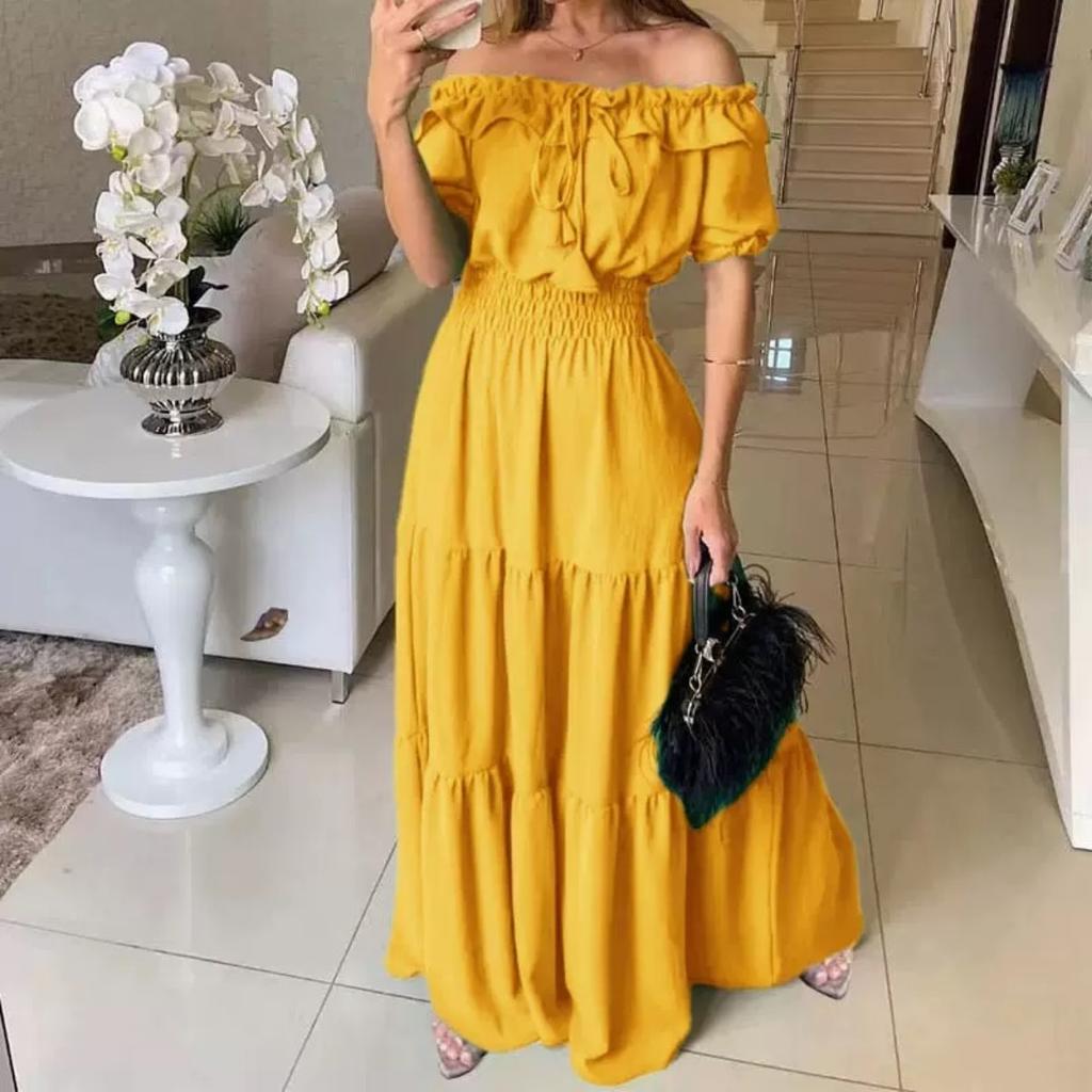 LYRIA Solid Boho Dress Women Fashion Elegant Beach Party Dress Casual Slash Neck Office Maxi Dresses For Woman Robe Femme