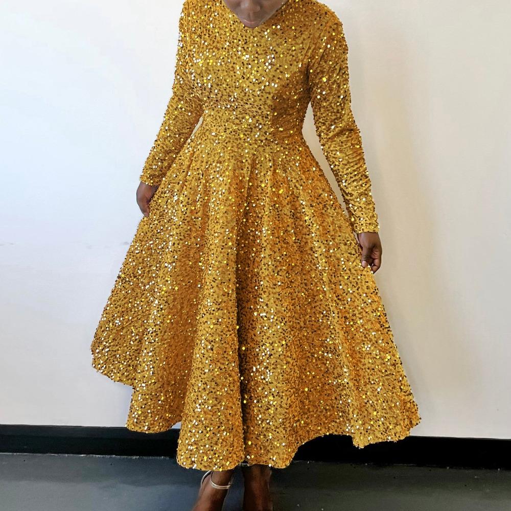 Women's Round Neck Long Sleeve Maxi Dress A Line Fit High Waist Elegant Sequin Evening Dress Solid Color Flared Party Gown