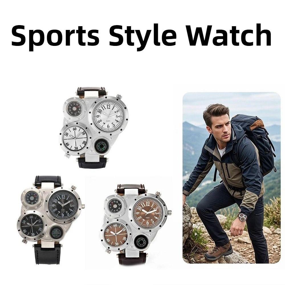 PU Leather Strap Dual Time Zone Watch Leather Strap Quartz Watch Big Face Watches  Male