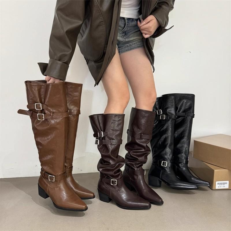 Korean version of retro niche belt buckle two wear pile boots women 2025 autumn and winter new thick heel pointed knee boots