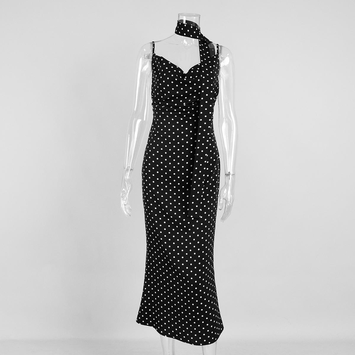 

Summer New Polka Dot Halter Neck Tie Split Maxi Dress, Elegant Suspender Fishtail Long Dress for Women European American Style S чёрный