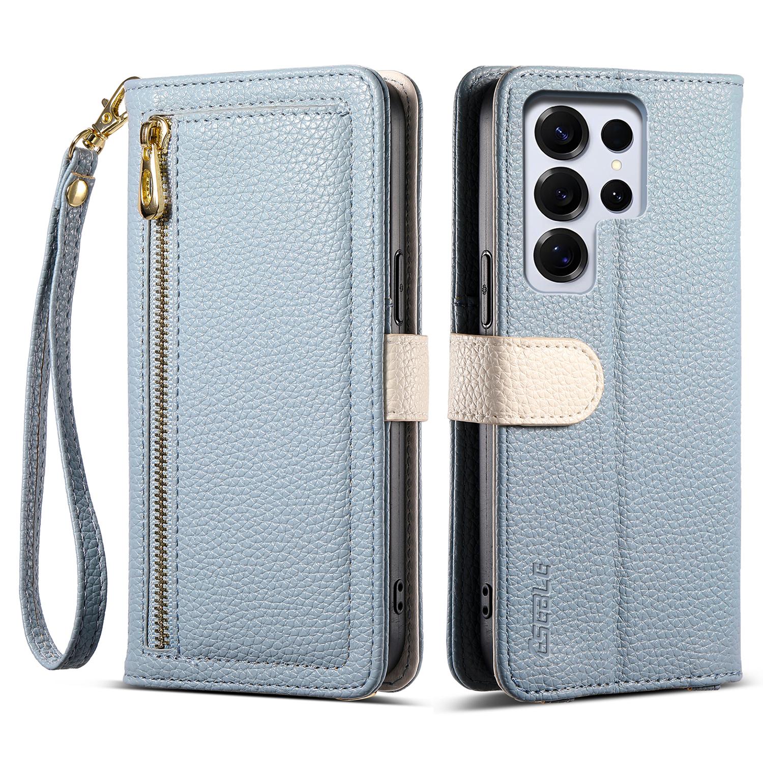 

ESEBLE E11 For Samsung Galaxy S25 Ultra Case Zipper Pocket Litchi Texture Leather Phone Cover with Mirror and Wrist Strap Sky Blue