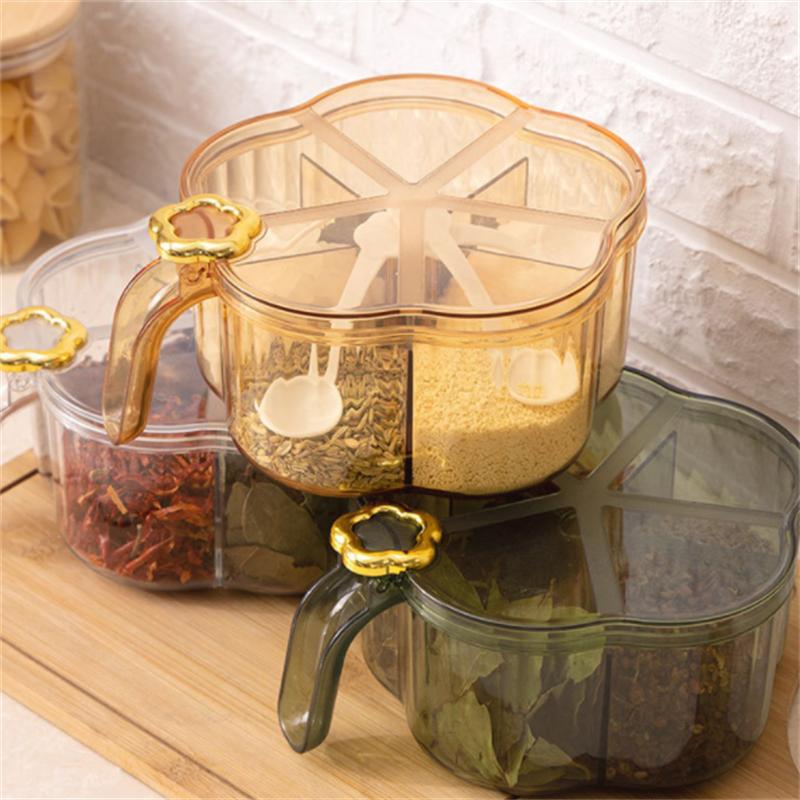 5 In 1 Seasoning Box with Spoon Spice Jar Multi Compartment Salt Pepper Spice Jars Pots Kitchen Accessories Condiment Container