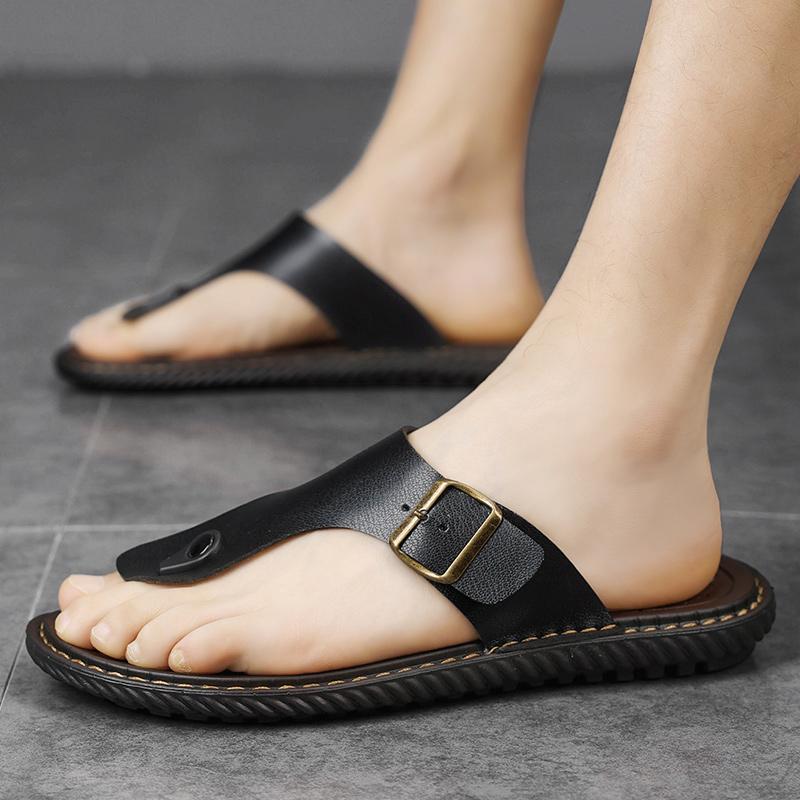 Übergröße Mode Weiches Leder Herren Flip-Flops Outdoor Wasserdichte Strandsandalen Sommer Herren Hausschuhe