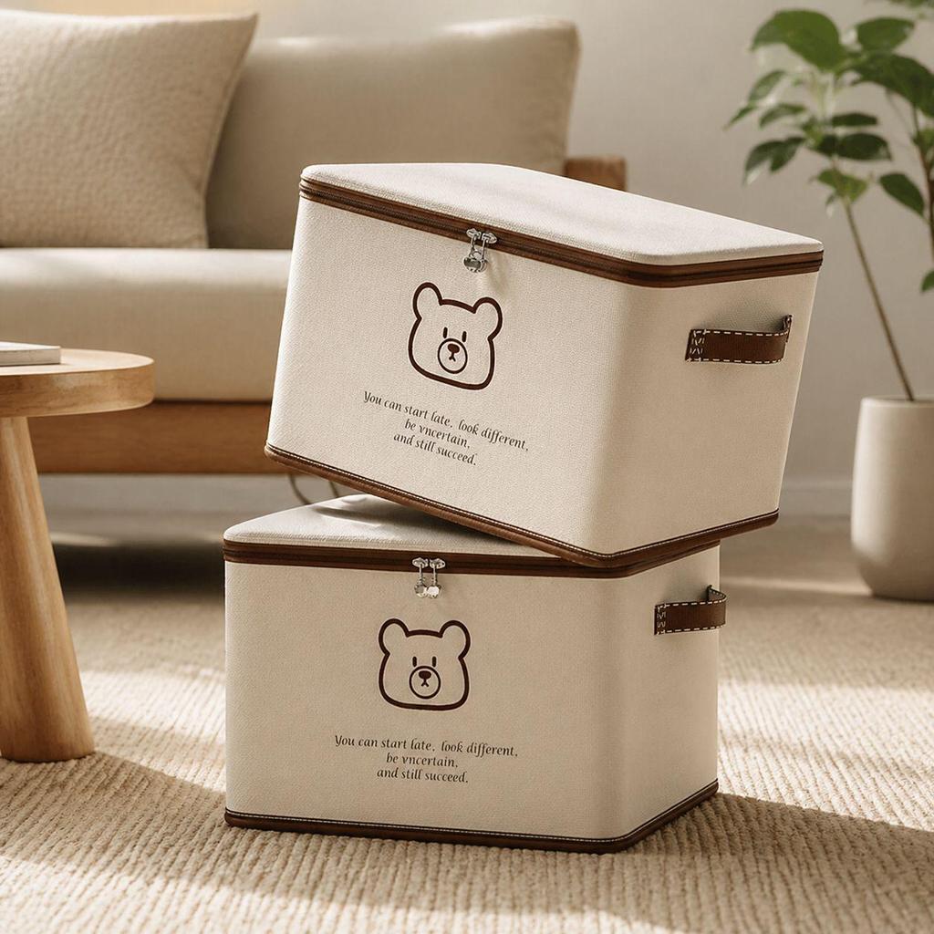 Beige Bear Non-Woven Zipper Storage Box - Large Foldable Clothes Organizer Basket