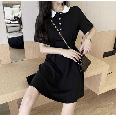 Vestido Negro Pequeño de Estilo Universitario Ajustado para Mujer | Vestido Túnica de Manga Corta con Cuello Polo que Define la Cintura