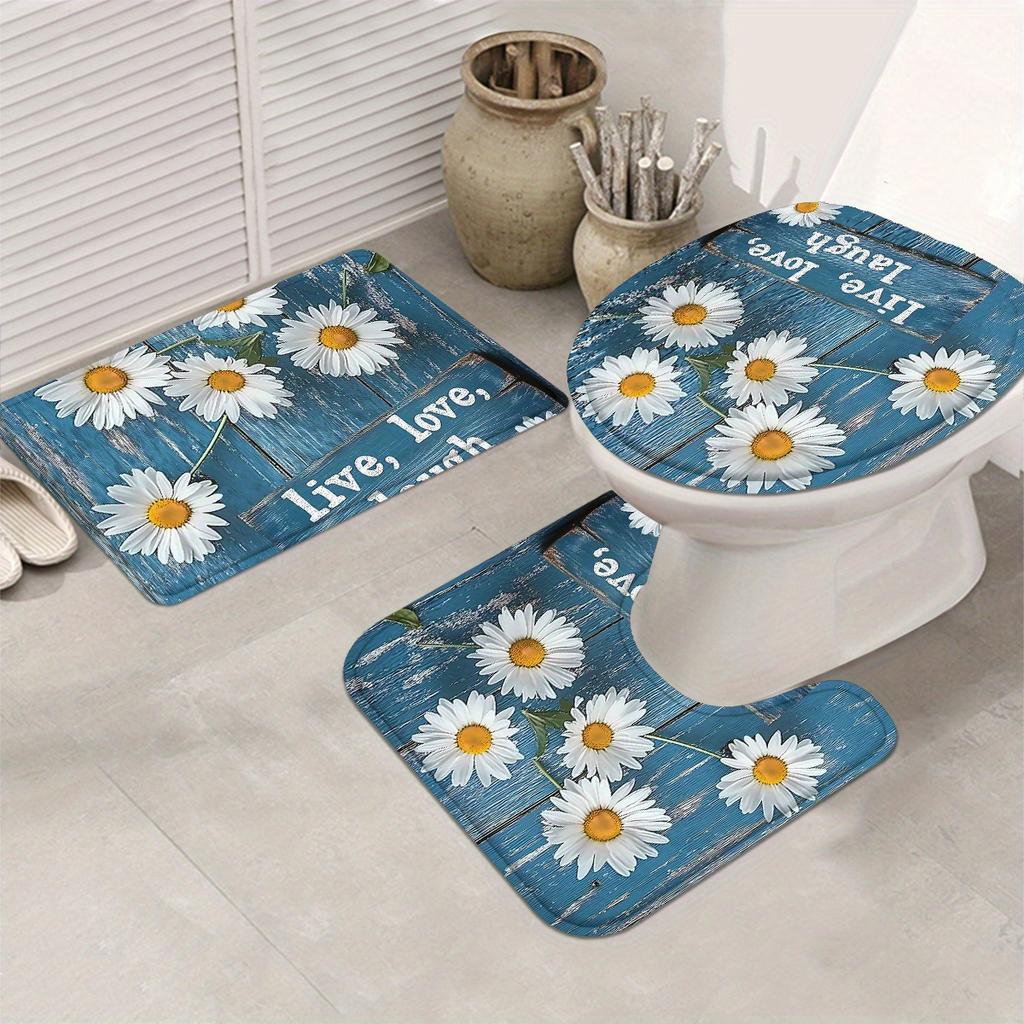 4Pcs Vintage Farm Floral Shower Curtain Set with Non-Slip Bath Mat, Toilet Lid Cover, Contour Rug & 12 Hooks, Bathroom Decor