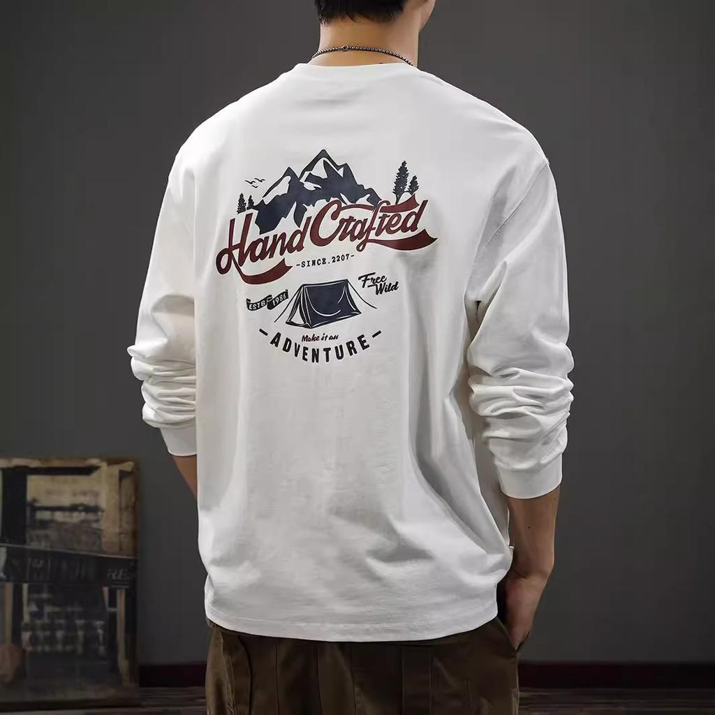 American Retro Outdoor Mountain Printing Long-Sleeved T-Shirt Men'S Autumn Pure Cotton Bottoming Shirt Loose Trendy Sweater