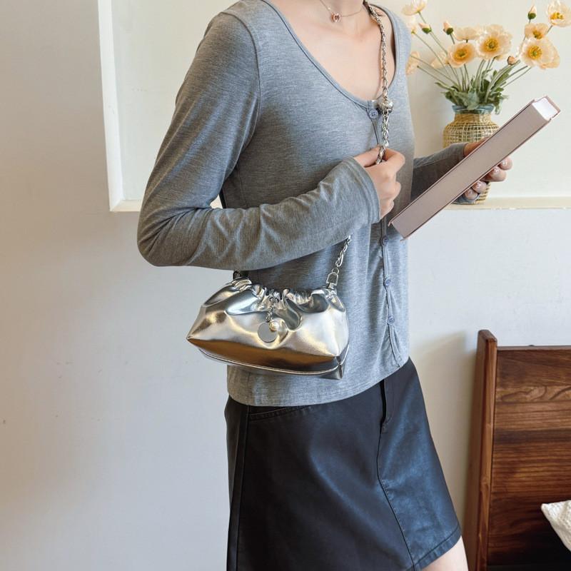 Fashionable Black And Silver Pu Bucket Bag For Ladies With Chic Ruffled Design