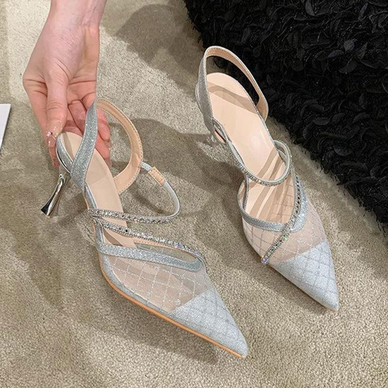

Mesh high heels design sense niche temperament socialite half bag head sandals female summer fairy style stiletto sandals 40