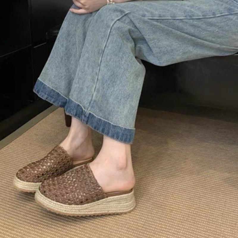 

Платформа Баотоу Полушлепанцы Женские Летние Для Улицы Летние С Круглым Носком Плетеные Дышащие Платформа Клиновидные Шлепанцы 37 коричневый