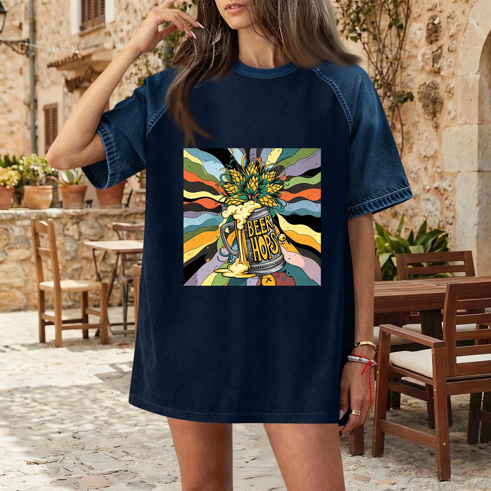 

Casual Women Denim Patchwork Short Sleeve T Shirt Oktoberfest Print Comfortable Loose Fit Top XXXL Темно-синій