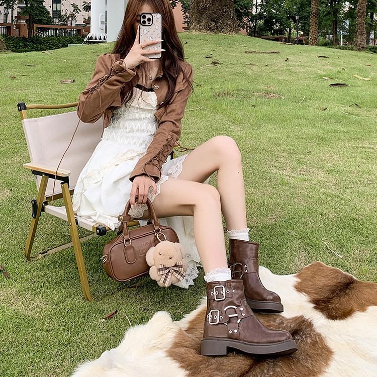 Retro Denim Metal Belt Buckle Short Boots New Women's Shoes Spring and Summer Soft Leather Middle Heel Sleeve Tide