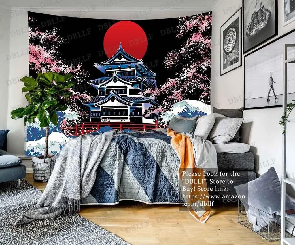 Japanese Style Tapestry Wall Hanging Great Wave Banner Background Tokyo Red Sun Cherry Blossoms Scenery Mural Wall Art