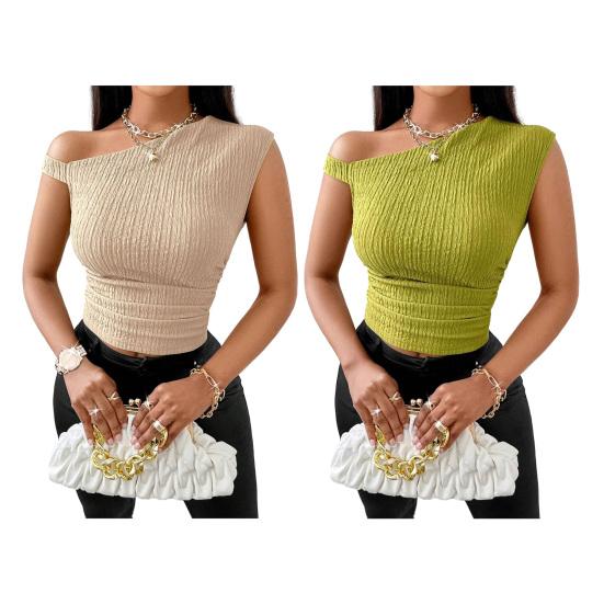 Women Tops Asymmetrical Design Regular Fit Tops Asymmetric Skew Collar Short Sleeve