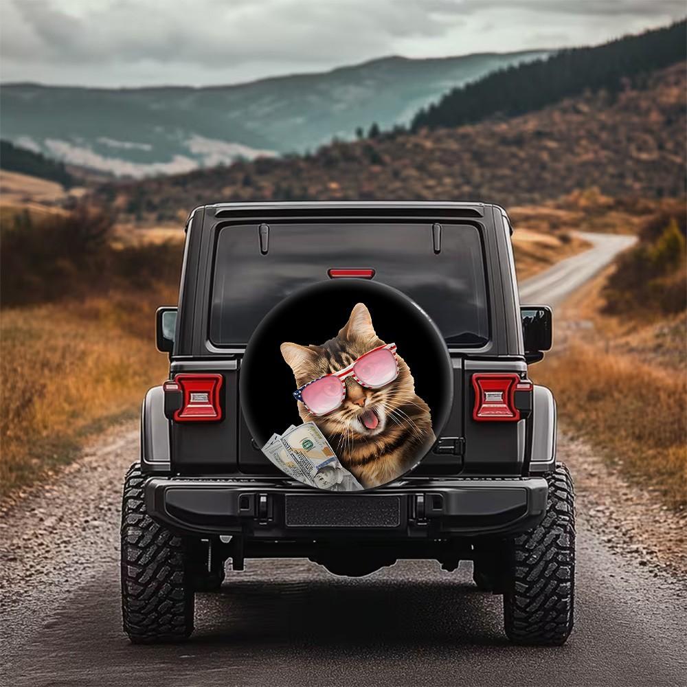 Funny Cat with Money Tire Cover Waterproof Polyester Spare Wheel Protector for SUV