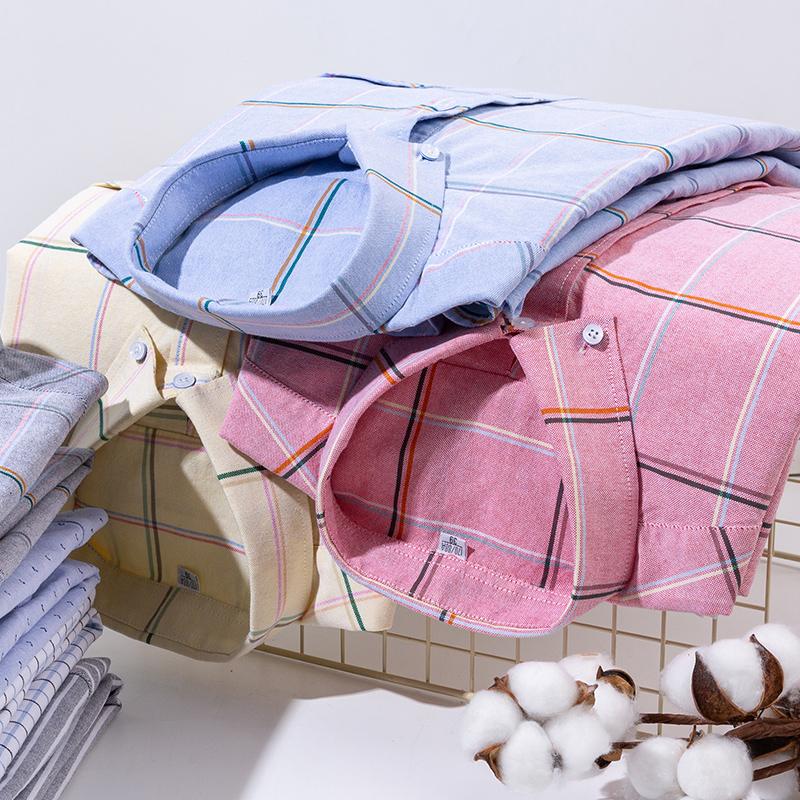 New Men's Plaid Shirts Long Sleeve Casual Office Pure Cotton Oxford Easy Care Fashion Youngster