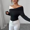 Autumn Winter Color Block Off Shoulder Irregular Ruffle Hem Slim Long Sleeve Top Fashion Daily Basic Office Lady Casual Slim Fit Ladies Elegant Top