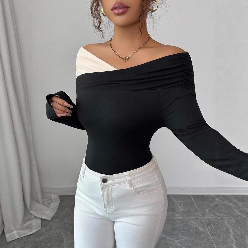 Autumn Winter Color Block Off Shoulder Irregular Ruffle Hem Slim Long Sleeve Top Fashion Daily Basic Office Lady Casual Slim Fit Ladies Elegant Top