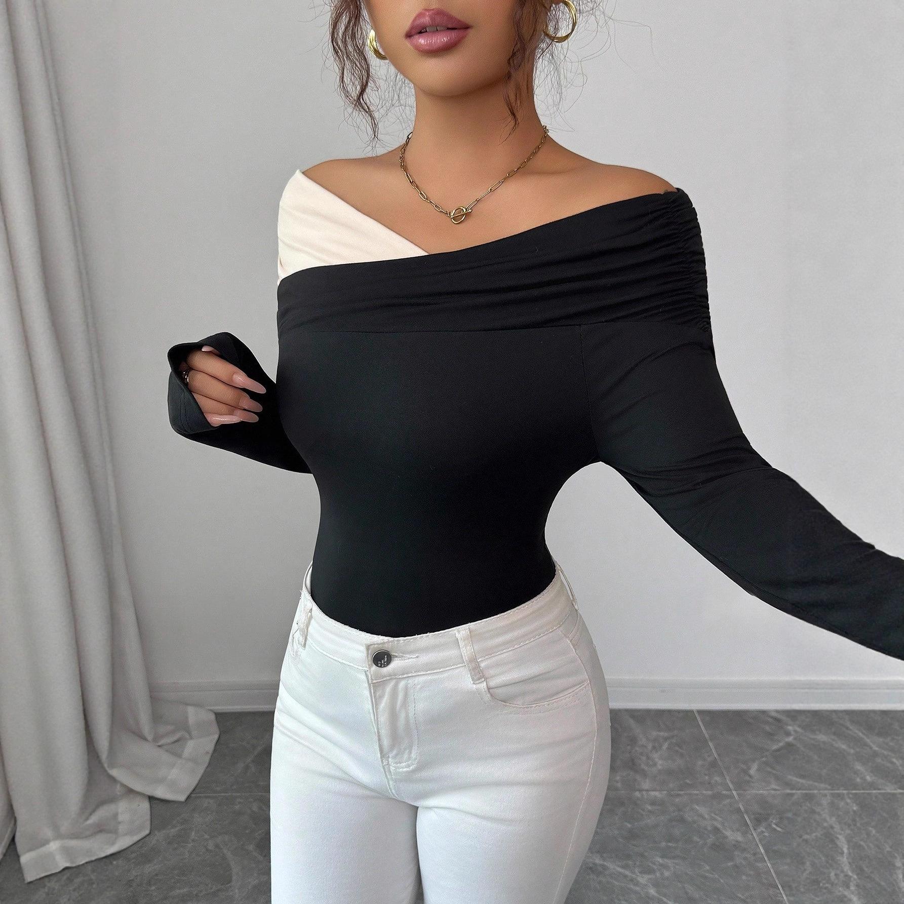

2025 Autumn and Winter New Style Contrasting Color One-line Collar Irregular Pleated Edge Slim Long Top S чорний