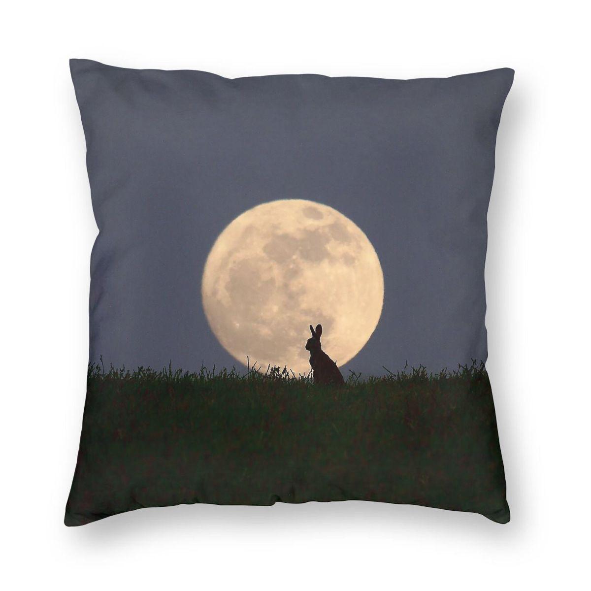 Moon Gazing Hare Square Pillowcase Polyester Linen Velvet Pattern Zip Decor Pillow Case Room Cushion Cover 45X45 Peach skin 18*18(CM)-1Pcs