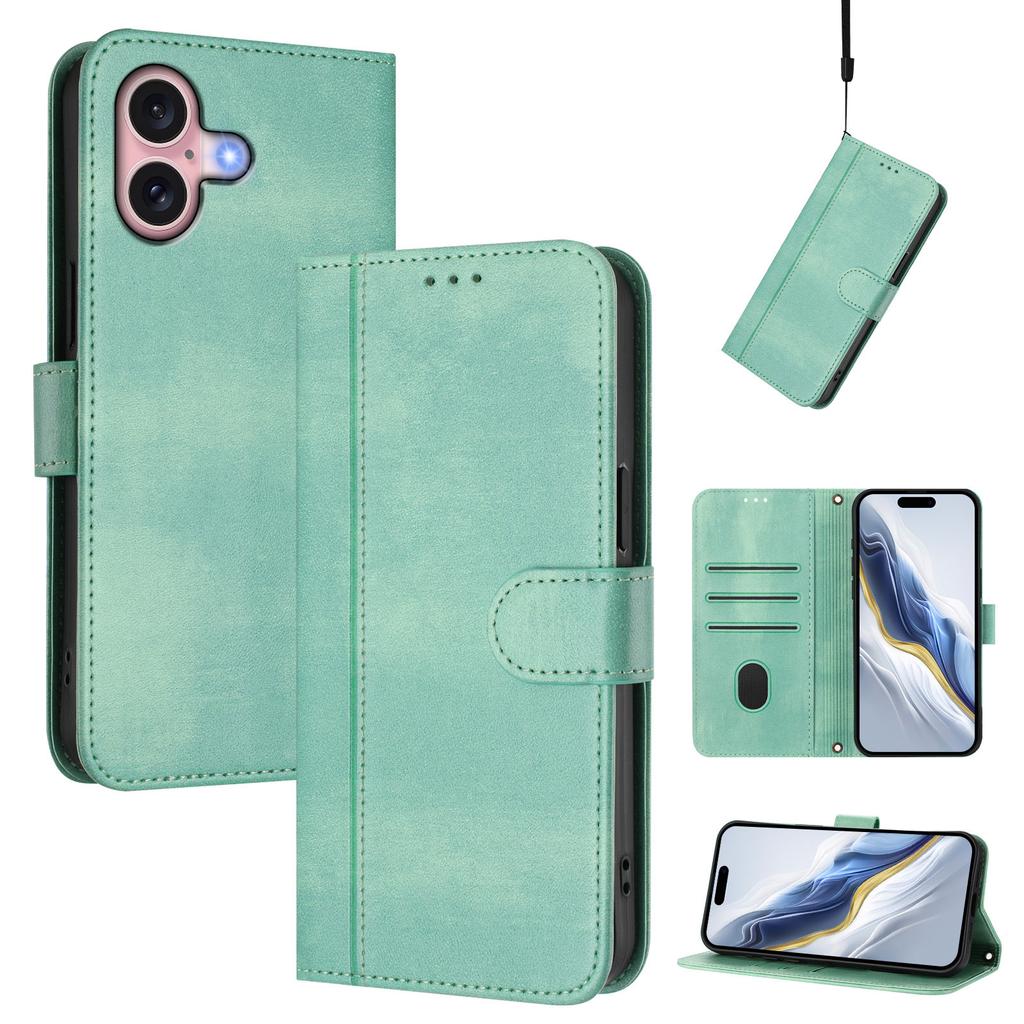 For iPhone 16 Cases Wallet Stand Retro Texture Leather Phone Cover with Lanyard