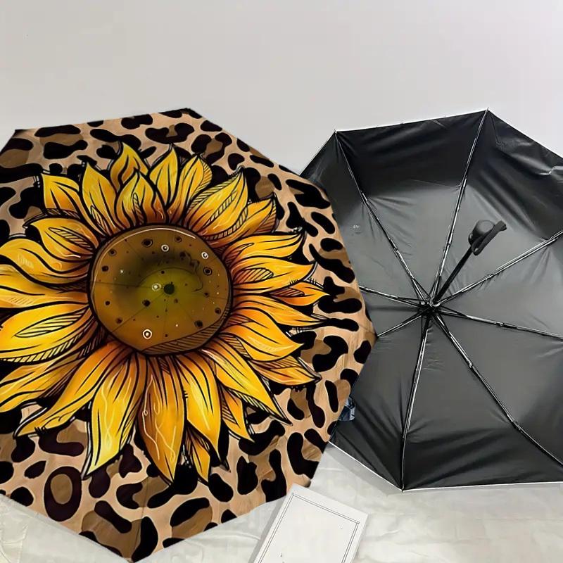 1P Leopard-print sunflower Umbrella-8-Rib Reinforced, Automatic Open, Lightweight & Durable, Cute Fashion Accessory for Outdoor-Q203