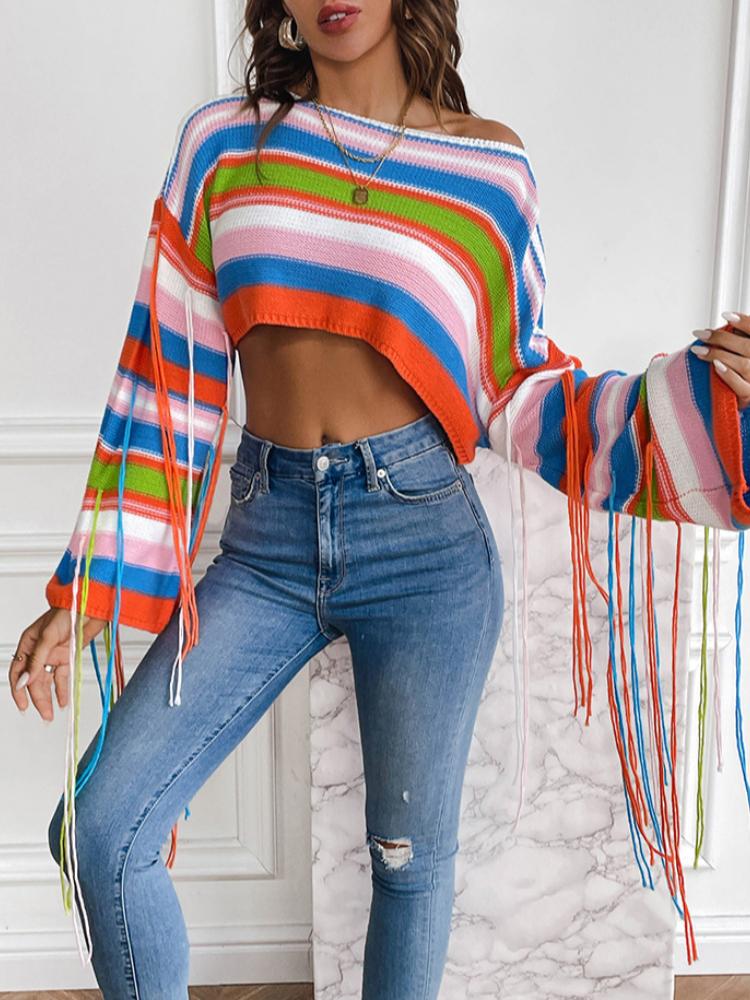 Women's Rainbow Stripe Tassel Knitted Sweater Sexy Ultra Short Open Umbilical Loose Sweater