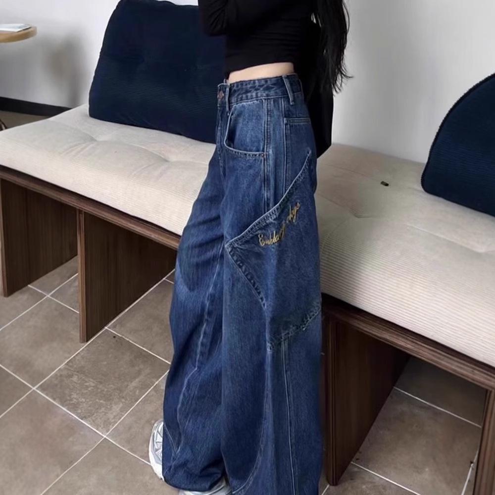 

Korean 2025 Retro High-Waisted Wide-Leg Scimitar Jeans - Dark Blue Large