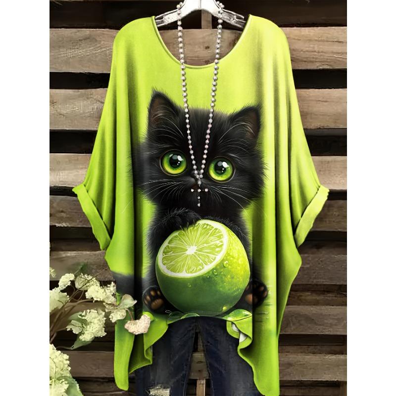 Elegant bohemian resort style large size simple lemon cat pattern print irregular hem round neck T-shirt