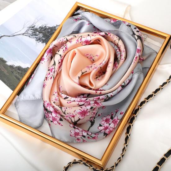 Sunscreen Exquisite Decorative Faux Silk Scarf Women Elegant Peach Blossom Pattern Square Shawl Costume Accessories
