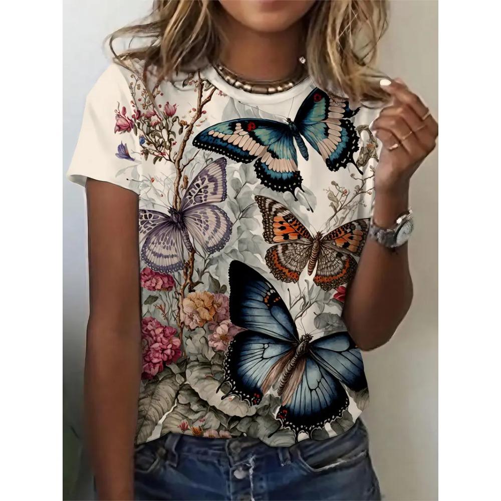 Butterfly Women's Round Neck  Summer Outdoor Fashion Short Sleeve Tops Flower Printing OverSized