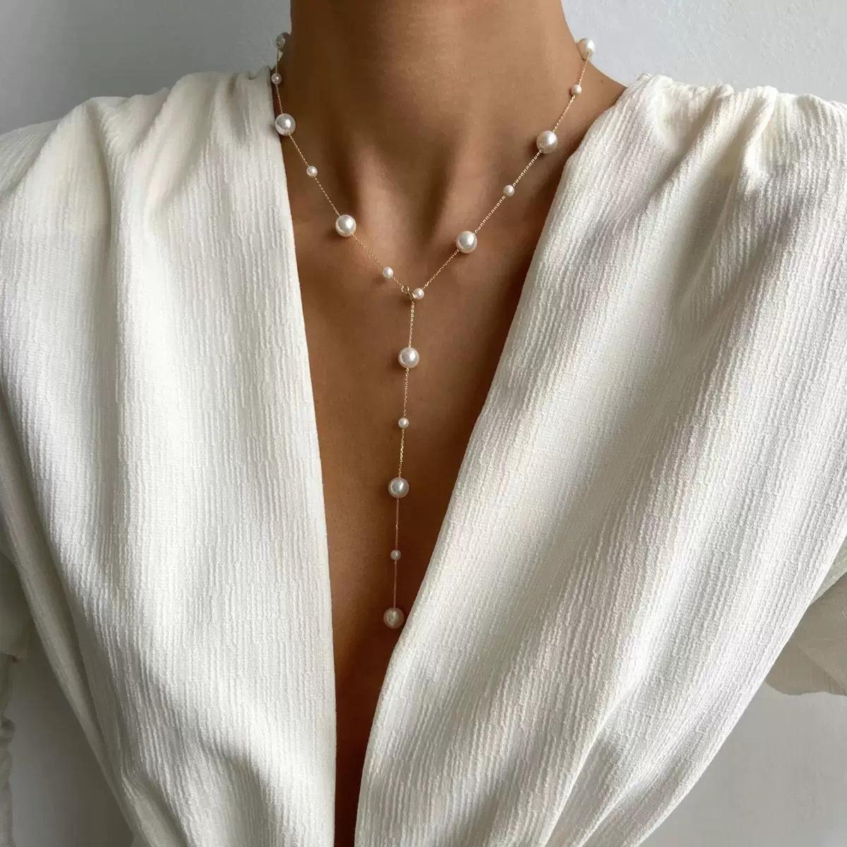 Women Long Tassel Imitation Pearl Sweater Chain Light Luxury Fashion Necklace 1pc