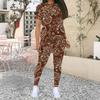 Women Plus Size Brown Printed Two Piece Set Round Neck Short Sleeve Top Long Pants