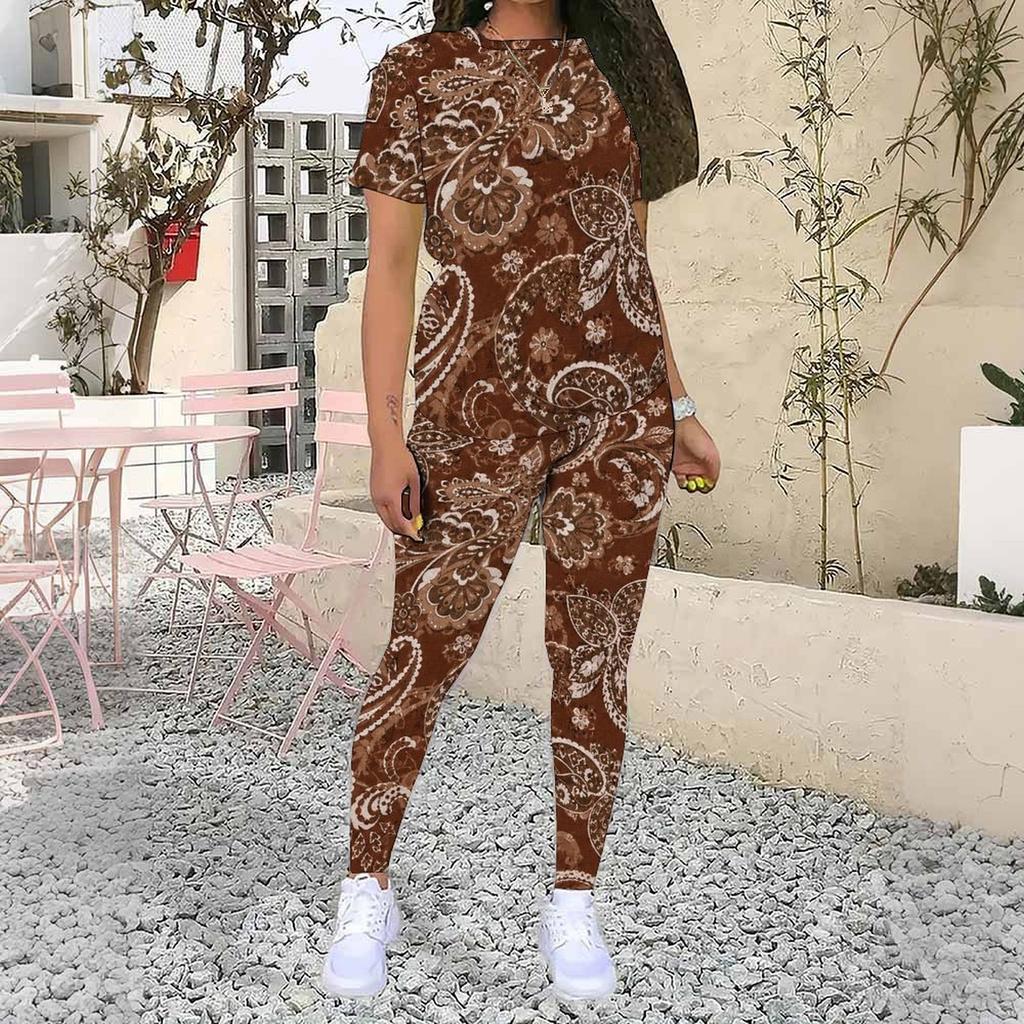 Women Plus Size Brown Printed Two Piece Set Round Neck Short Sleeve Top Long Pants