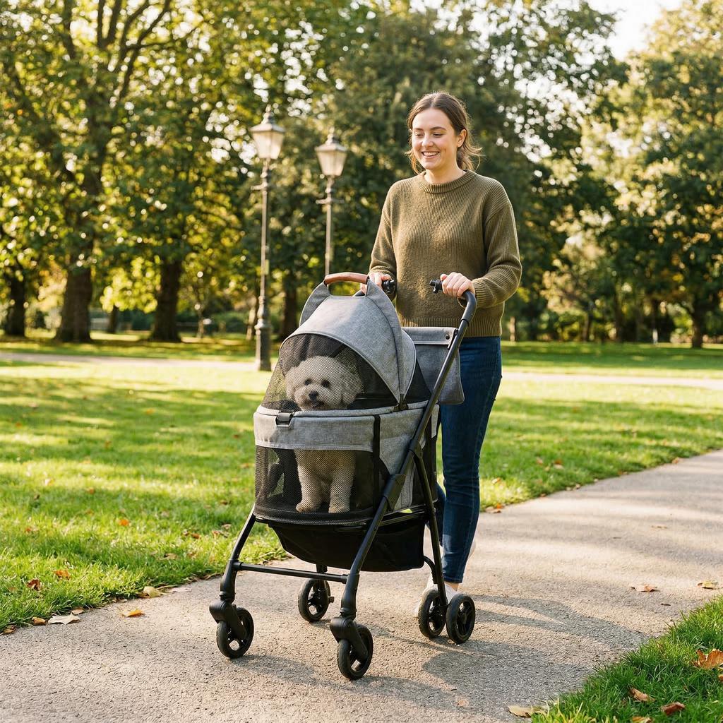 Dog Stroller, 3-in-1, Detachable, Foldable, Removable Bassinet, Suspension, Grey