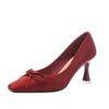Beautiful Bow Chinese Xiuhe Wedding Shoes Bride Shoes Women's Head High Heels Single Shoes Leather Not Tired Feet