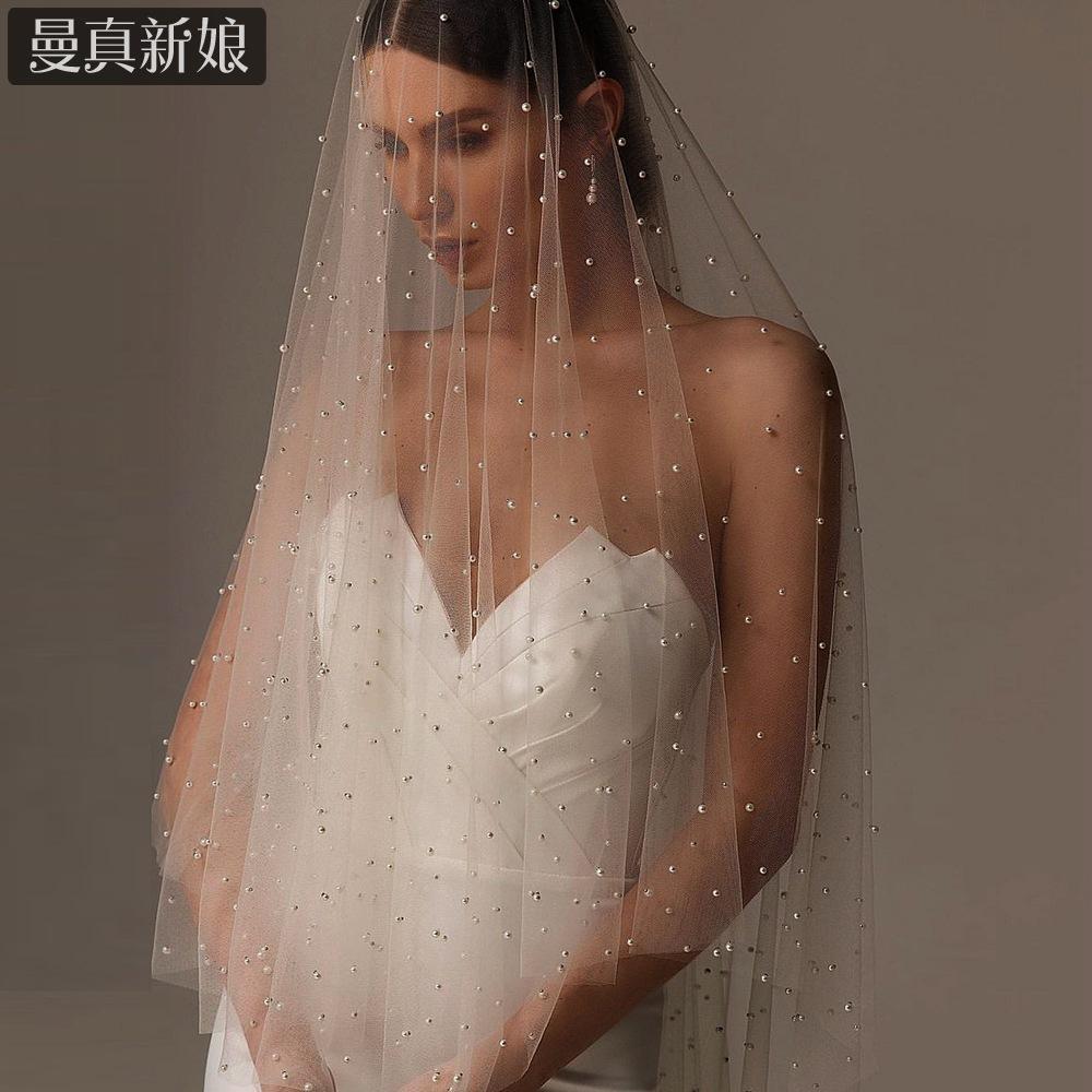 All Over Scattered Pearl Sheer Tulle Bridal Veil, Single Layer Plain Ivory Wedding Veil For Lace Satin Gown Pre-Wedding Elopement Portrait Shoot