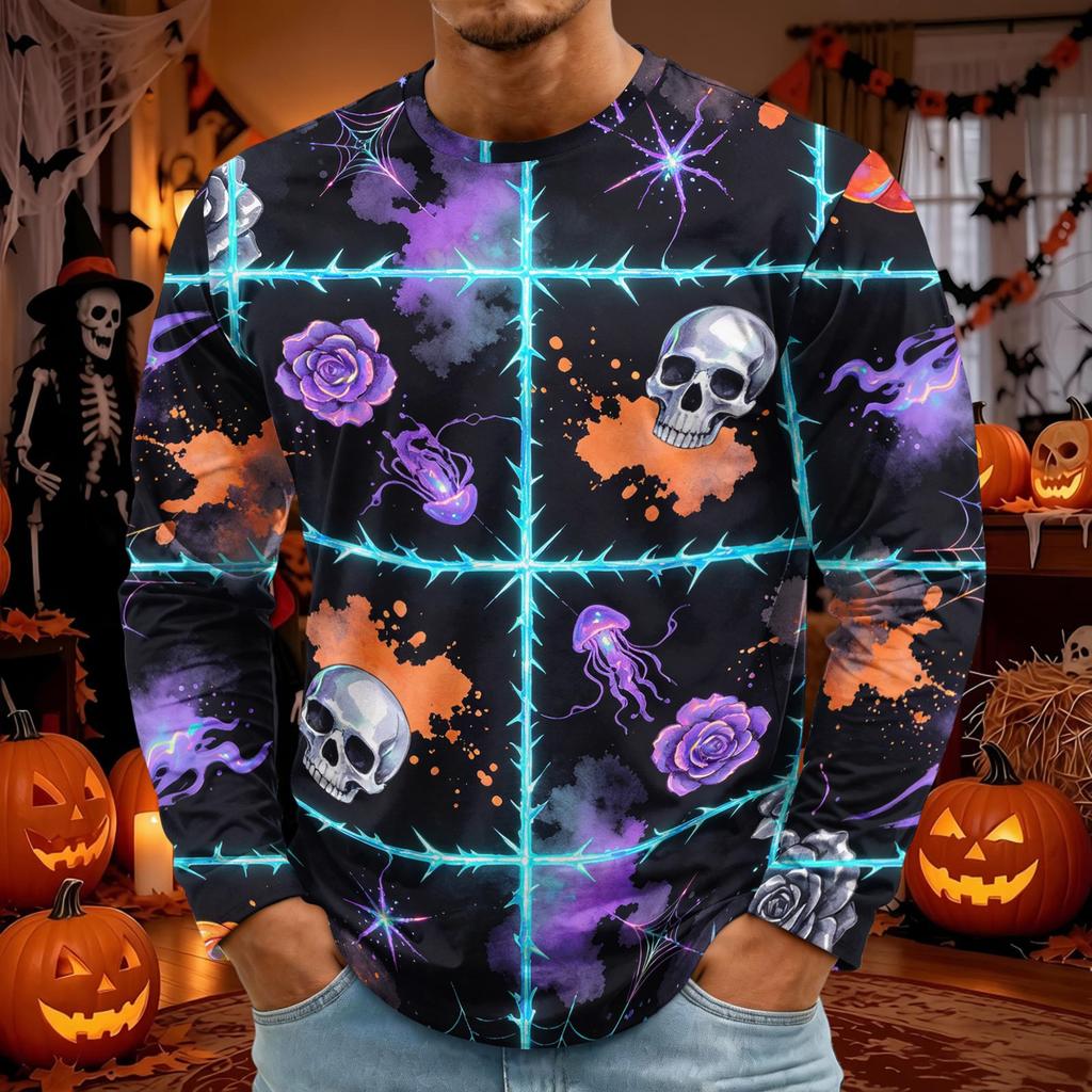 Men's Halloween Printed Long Sleeve Neck T-Shirt for Costume Party